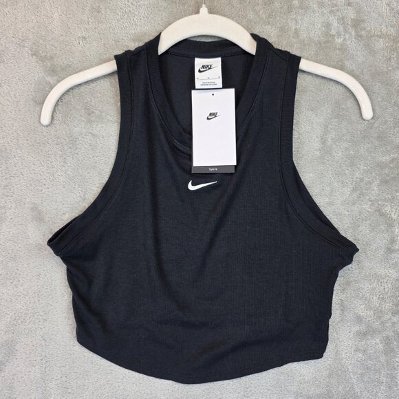 Nike Shirt Womens Medium Black Ribbed Cropped Tank Tight Fit Swoosh FB8280-010 - Picture 1 of 11